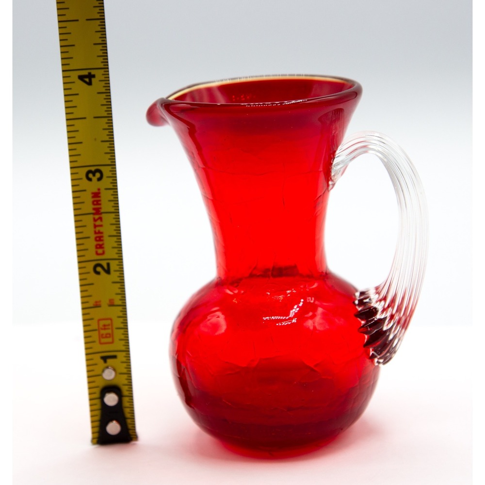 Red Glass Pitcher Small Water‎ Carafe Hand Blown Crackle Style